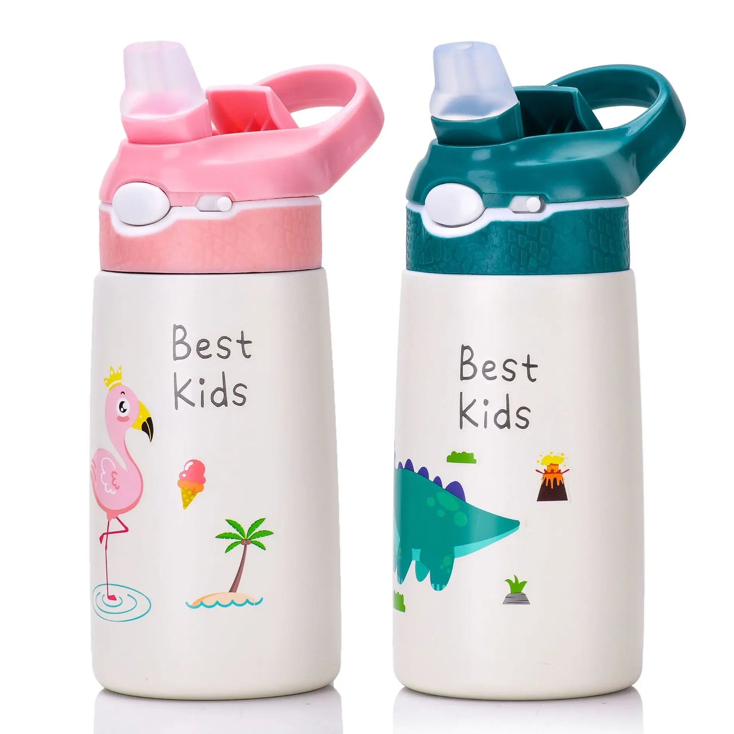 Gourde pour enfant verte isotherme avec paille à bec et panier , acier inoxydable - 400ML