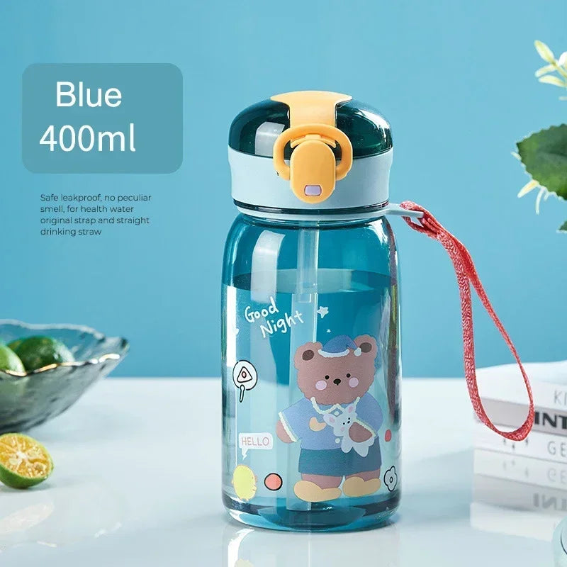 Gourde enfant bleue motif ourson avec paille anti-fuite sans BPA - 400ML
