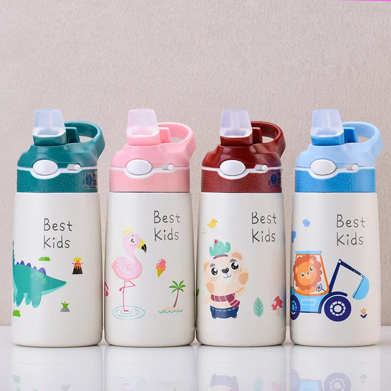 Gourde enfant rose 400ML – Isotherme en acier inoxydable avec paille