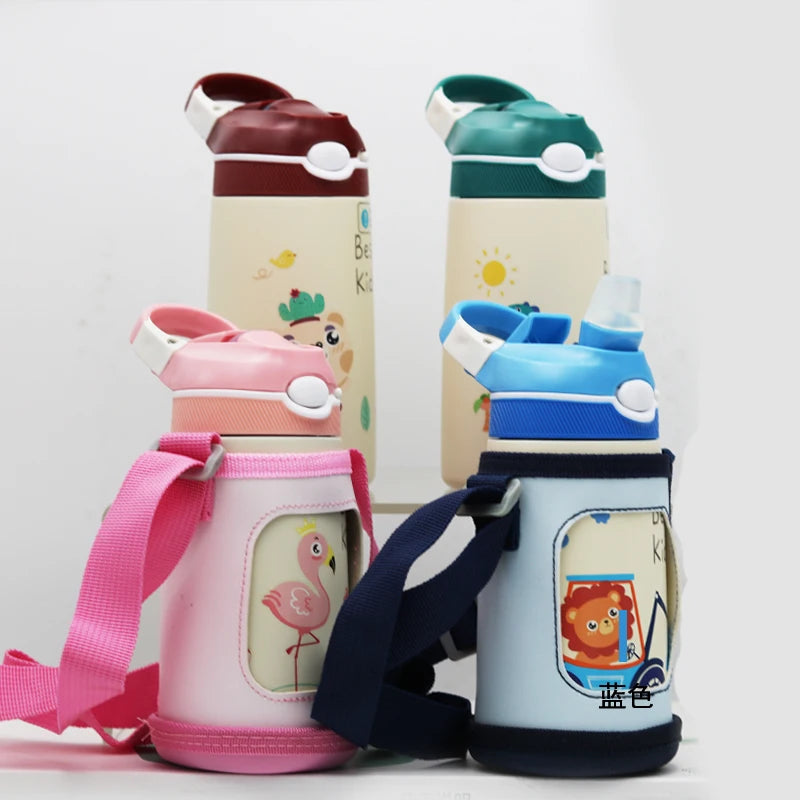 Gourde pour enfant verte isotherme avec paille à bec et panier , acier inoxydable - 400ML