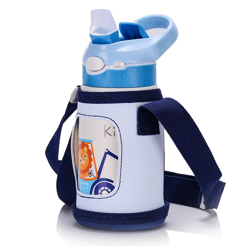 Gourde pour enfant verte isotherme avec paille à bec et panier , acier inoxydable - 400ML