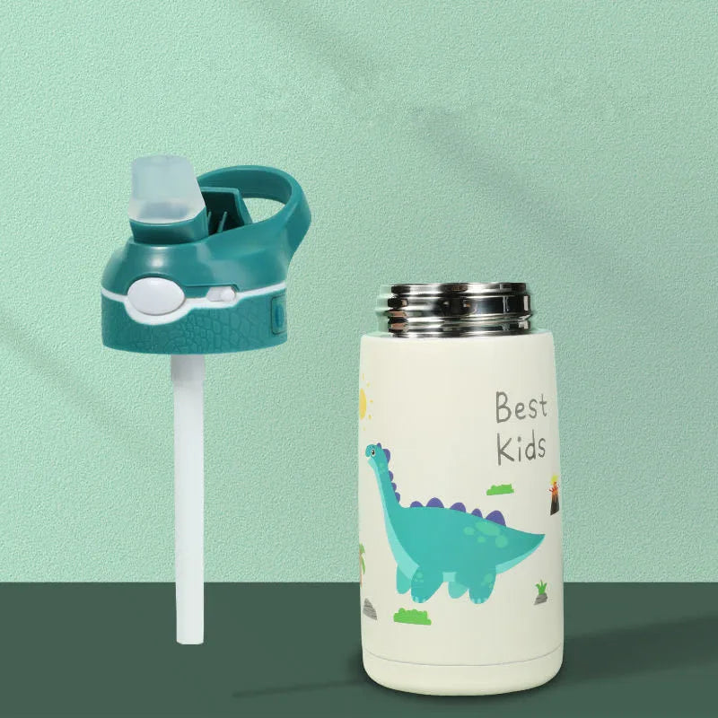 Gourde pour enfant verte isotherme avec paille à bec et panier , acier inoxydable - 400ML