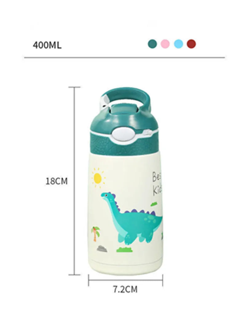 Gourde pour enfant verte isotherme avec paille à bec et panier , acier inoxydable - 400ML