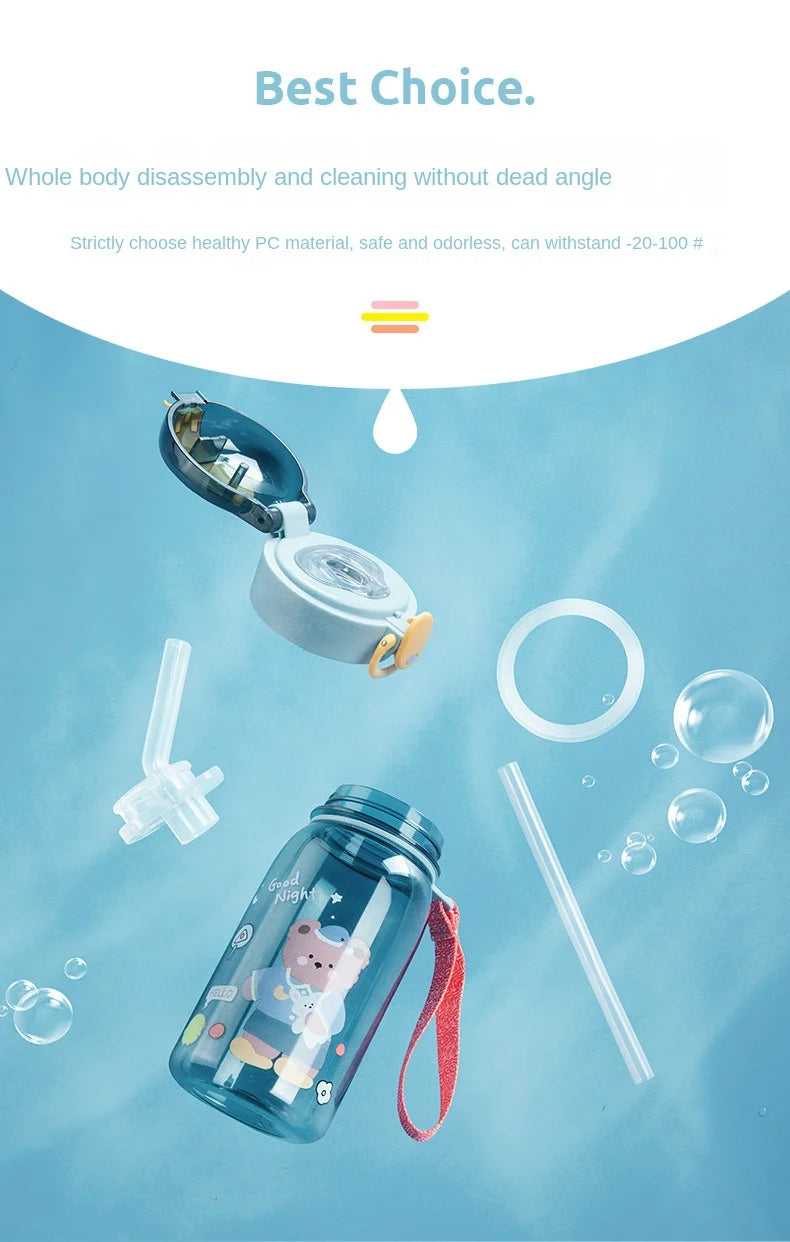 Gourde enfant bleue motif ourson avec paille anti-fuite sans BPA - 400ML