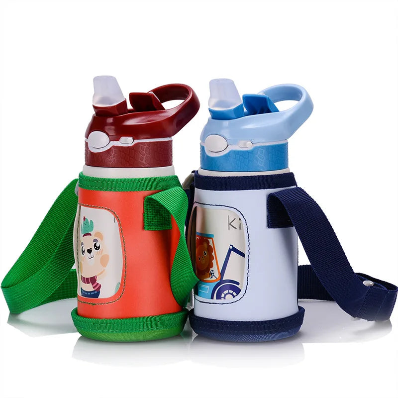 Gourde pour enfant verte isotherme avec paille à bec et panier , acier inoxydable - 400ML