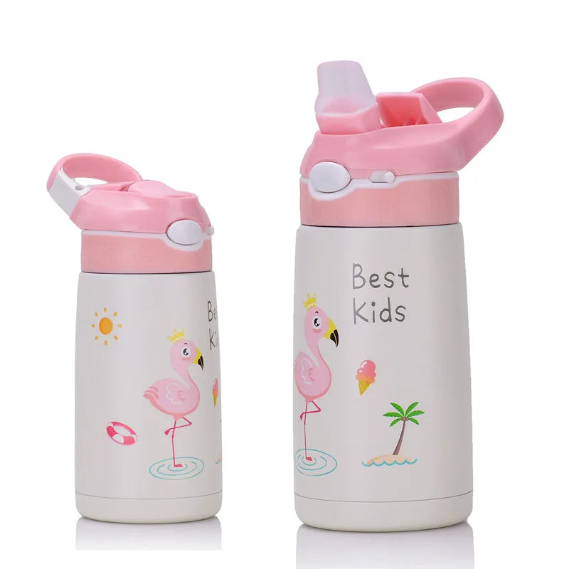 Gourde enfant rose 400ML – Isotherme en acier inoxydable avec paille