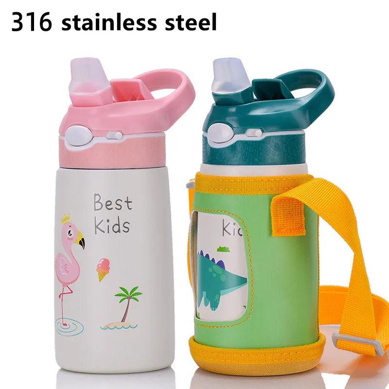 Gourde pour enfant verte isotherme avec paille à bec et panier , acier inoxydable - 400ML