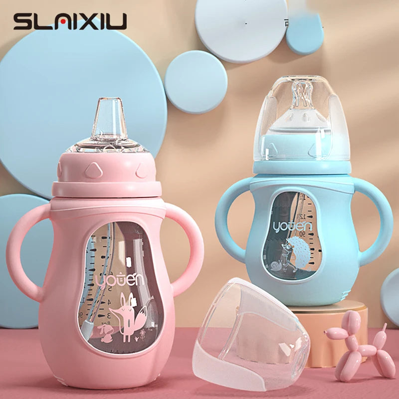 Gourde bebe bleue en verre avec paille sans BPA anti choc - 240ML
