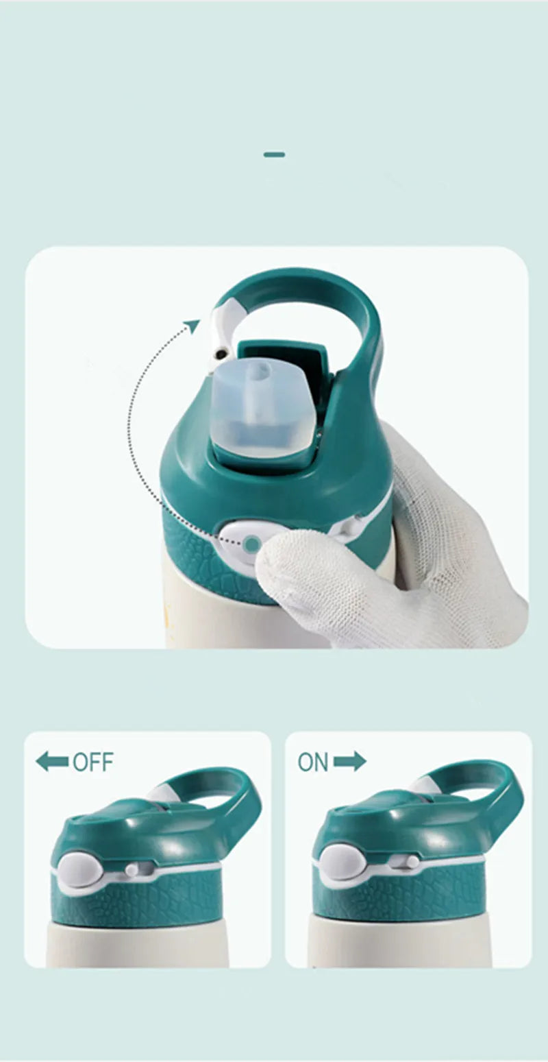 Gourde pour enfant verte isotherme avec paille à bec et panier , acier inoxydable - 400ML