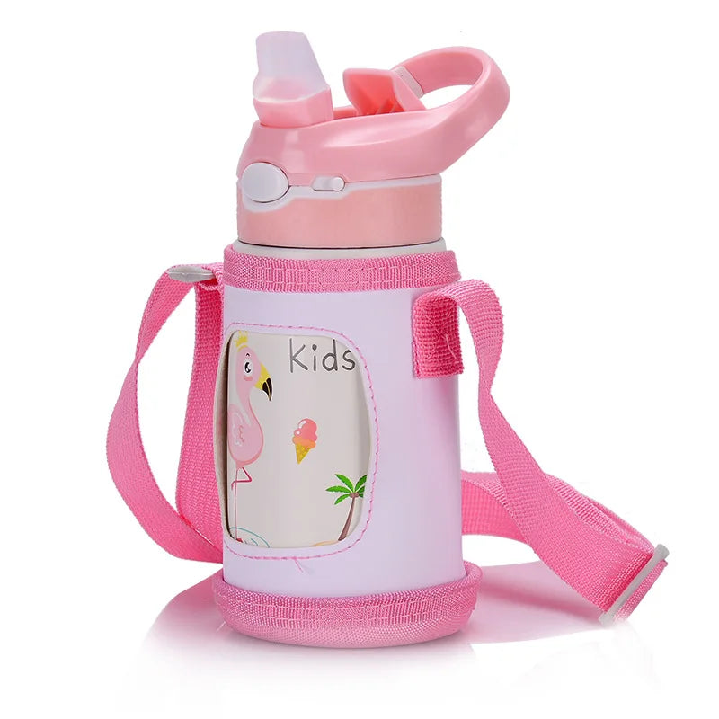Gourde pour enfant verte isotherme avec paille à bec et panier , acier inoxydable - 400ML