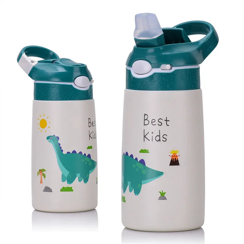 Gourde pour enfant verte isotherme avec paille à bec et panier , acier inoxydable - 400ML