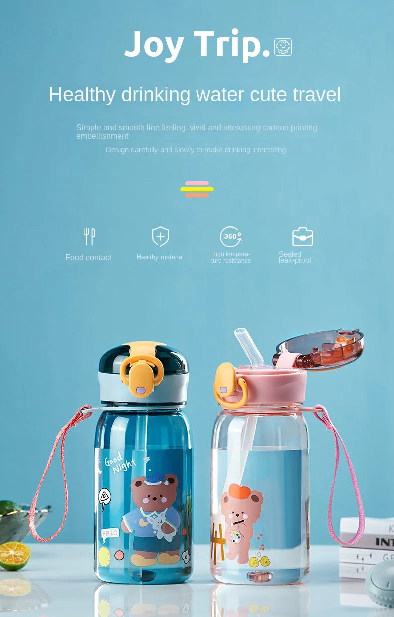 Gourde enfant bleue motif ourson avec paille anti-fuite sans BPA - 400ML