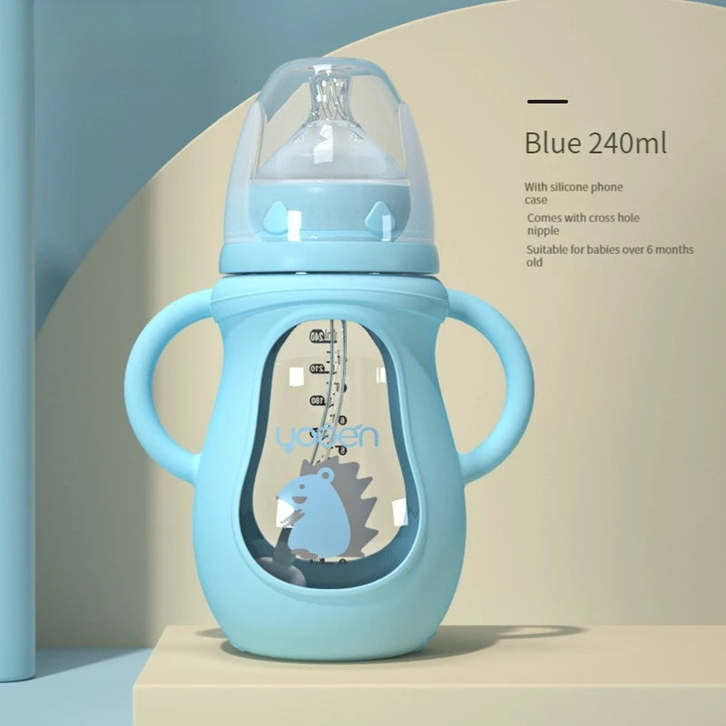 Gourde bebe bleue en verre avec paille sans BPA anti choc - 240ML
