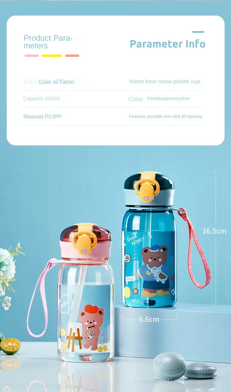 Gourde enfant verte motif ourson avec paille anti-fuite sans BPA - 400ML
