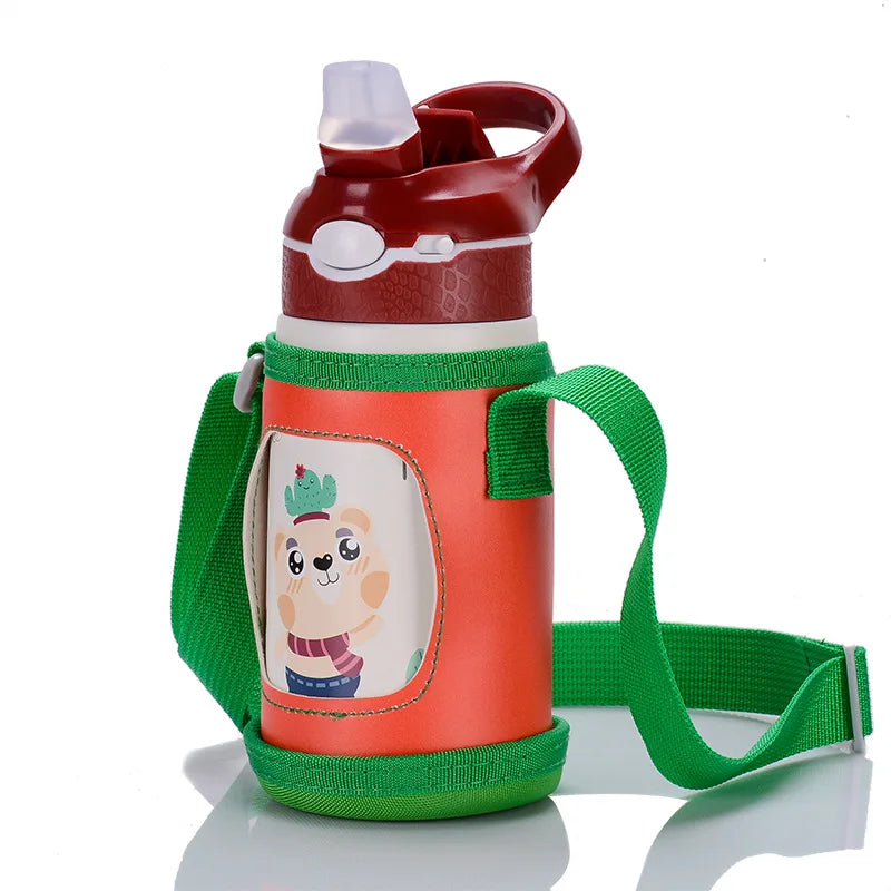 Gourde pour enfant verte isotherme avec paille à bec et panier , acier inoxydable - 400ML
