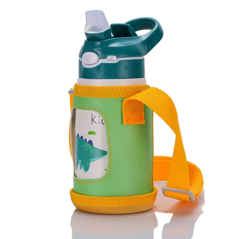 Gourde pour enfant verte isotherme avec paille à bec et panier , acier inoxydable - 400ML