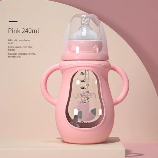 Gourde bebe rose en verre avec paille sans BPA anti choc - 240ML