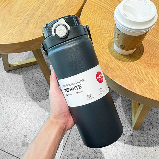 Gourde isotherme noire 1L/1.2L en inox avec paille